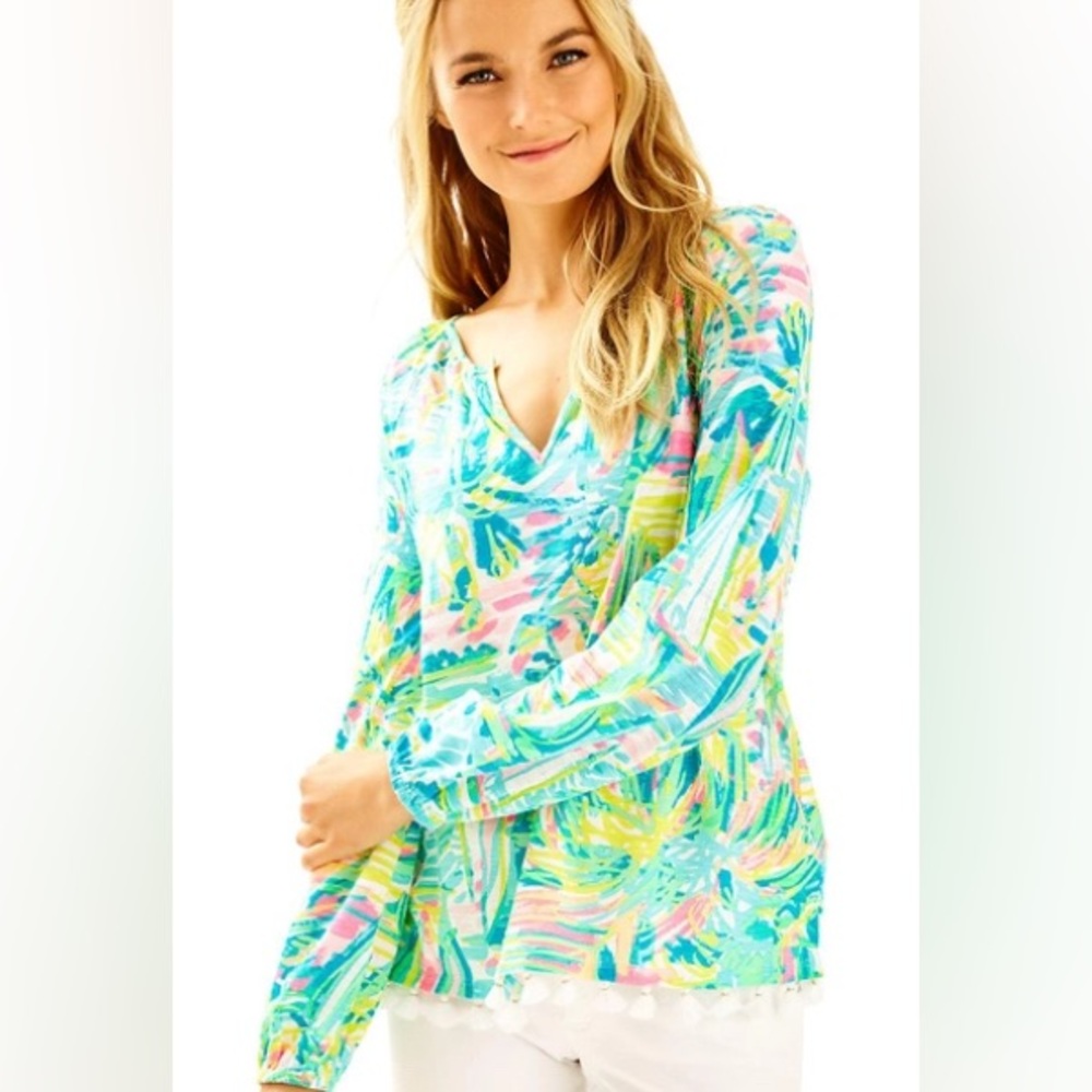 EUC Lilly Pulitzer Linzy Top In Multi Sea Salt And Sun Sz Small with Tassels